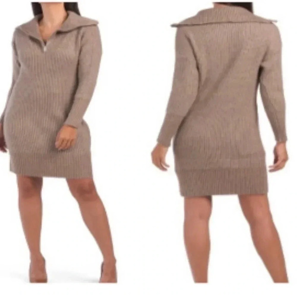CUPCAKES & CASHMERE Ribbed Sweater Dress 1/4 Zip Brown Large - Picture 1 of 4